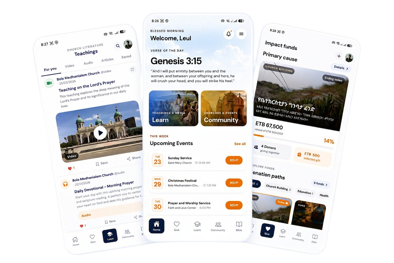 Mekuannent app screenshots showing teachings, home, and giving screens